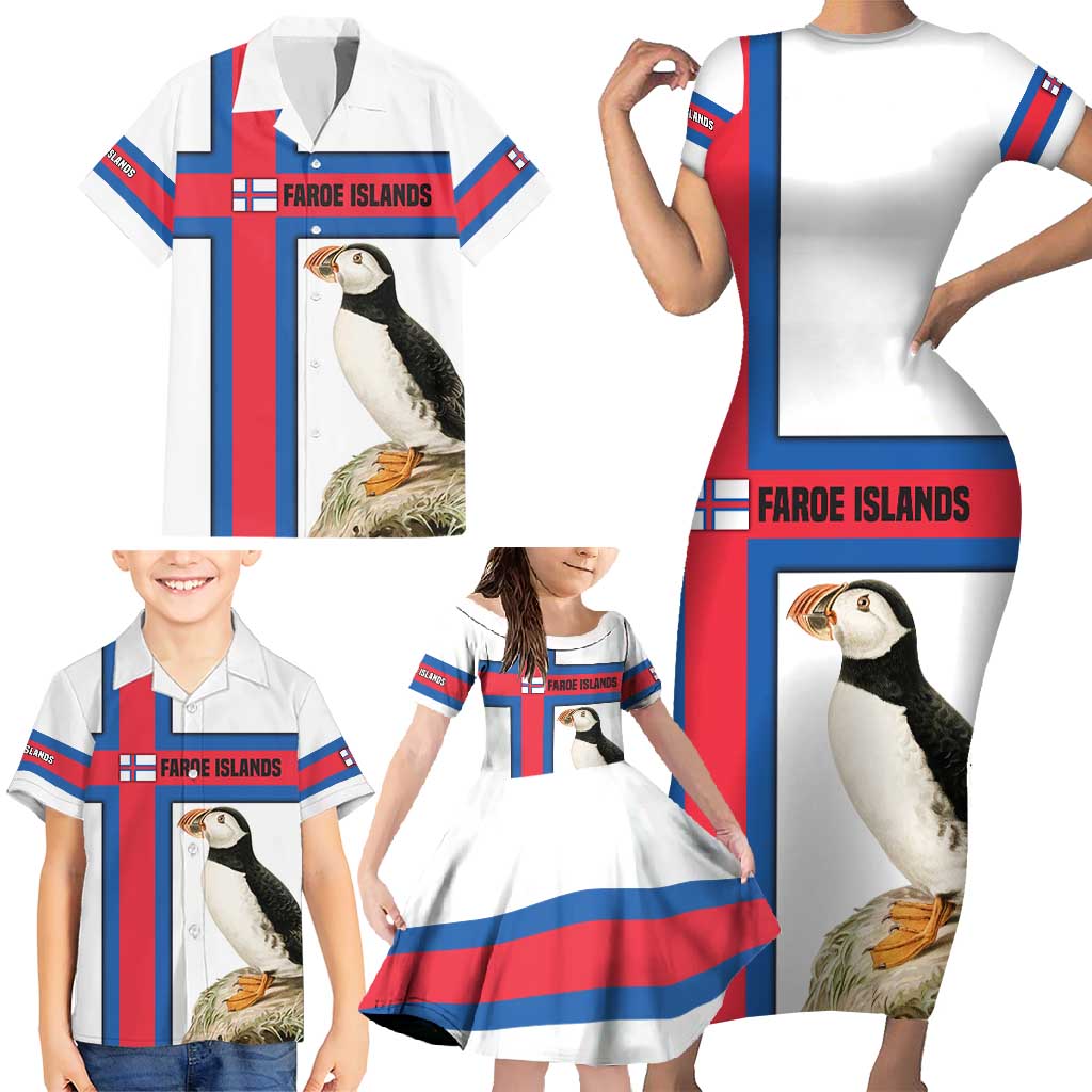 Faroe Islands Family Matching Short Sleeve Bodycon Dress and Hawaiian Shirt with Red Blue Cross Design and Puffin Bird - Wonder Print Shop