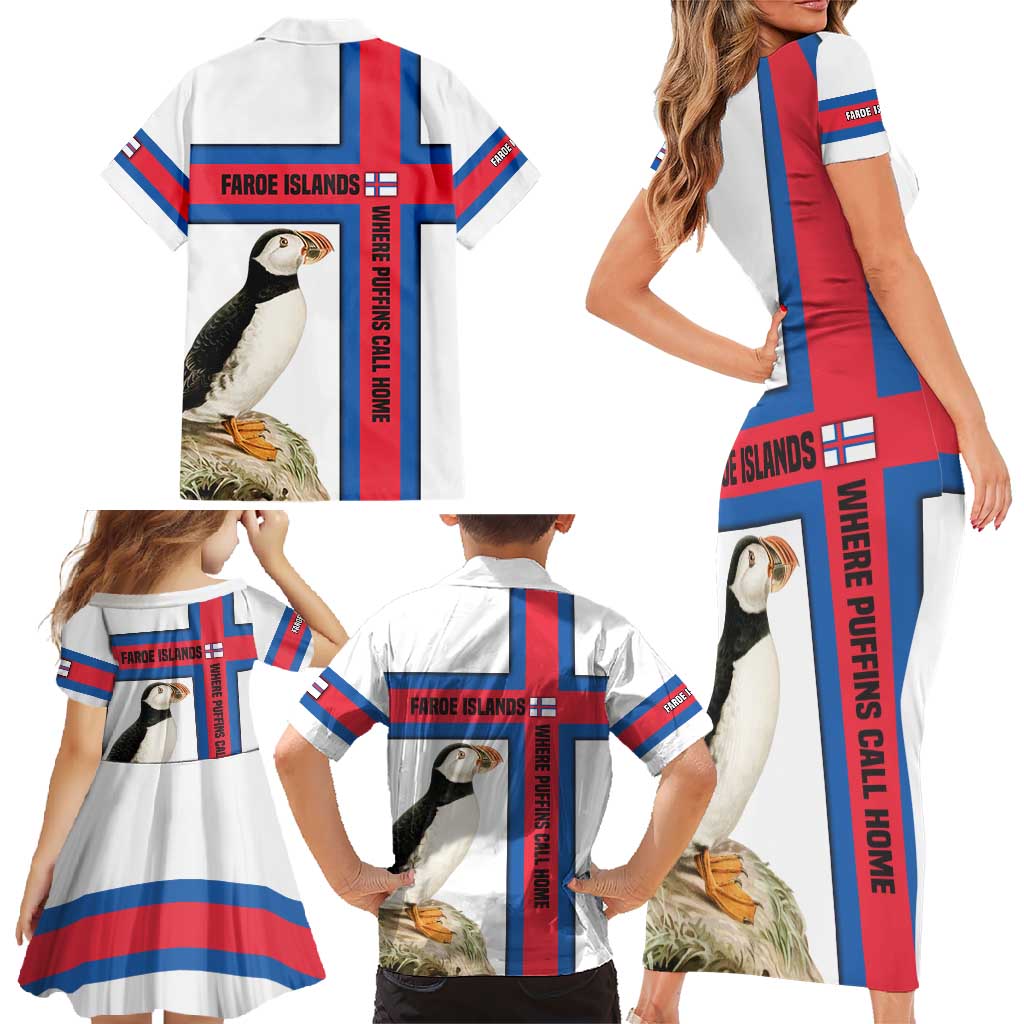 Faroe Islands Family Matching Short Sleeve Bodycon Dress and Hawaiian Shirt with Red Blue Cross Design and Puffin Bird - Wonder Print Shop