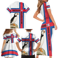 Faroe Islands Family Matching Short Sleeve Bodycon Dress and Hawaiian Shirt with Red Blue Cross Design and Puffin Bird - Wonder Print Shop