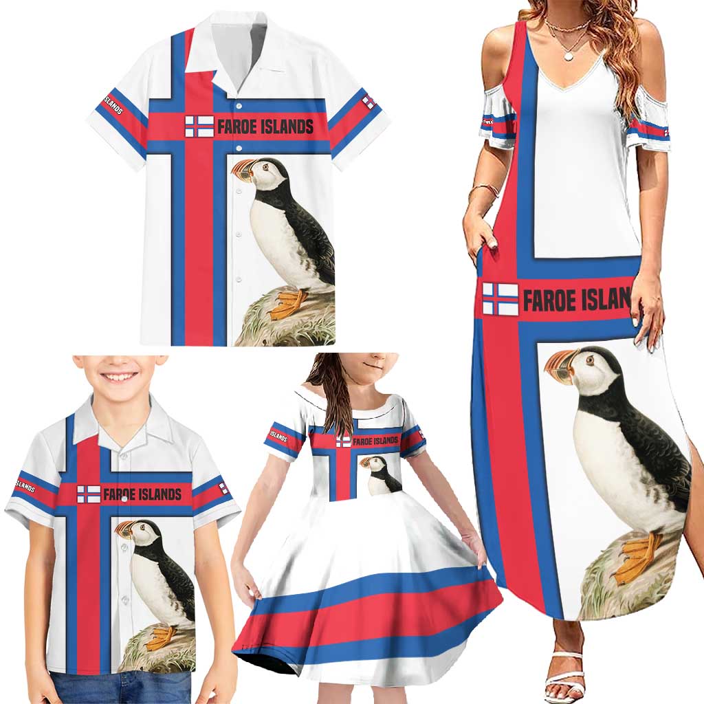 Faroe Islands Family Matching Summer Maxi Dress and Hawaiian Shirt with Red Blue Cross Design and Puffin Bird - Wonder Print Shop