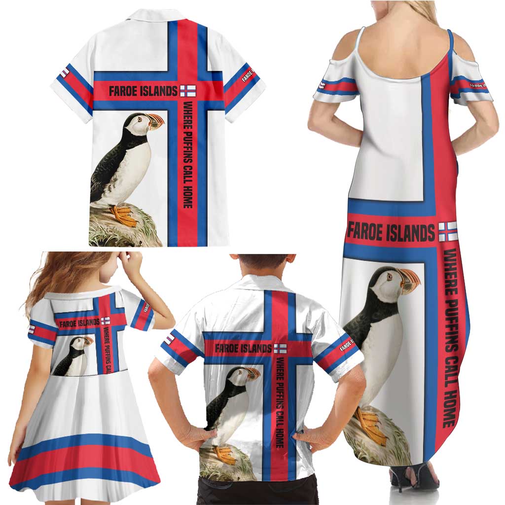 Faroe Islands Family Matching Summer Maxi Dress and Hawaiian Shirt with Red Blue Cross Design and Puffin Bird - Wonder Print Shop