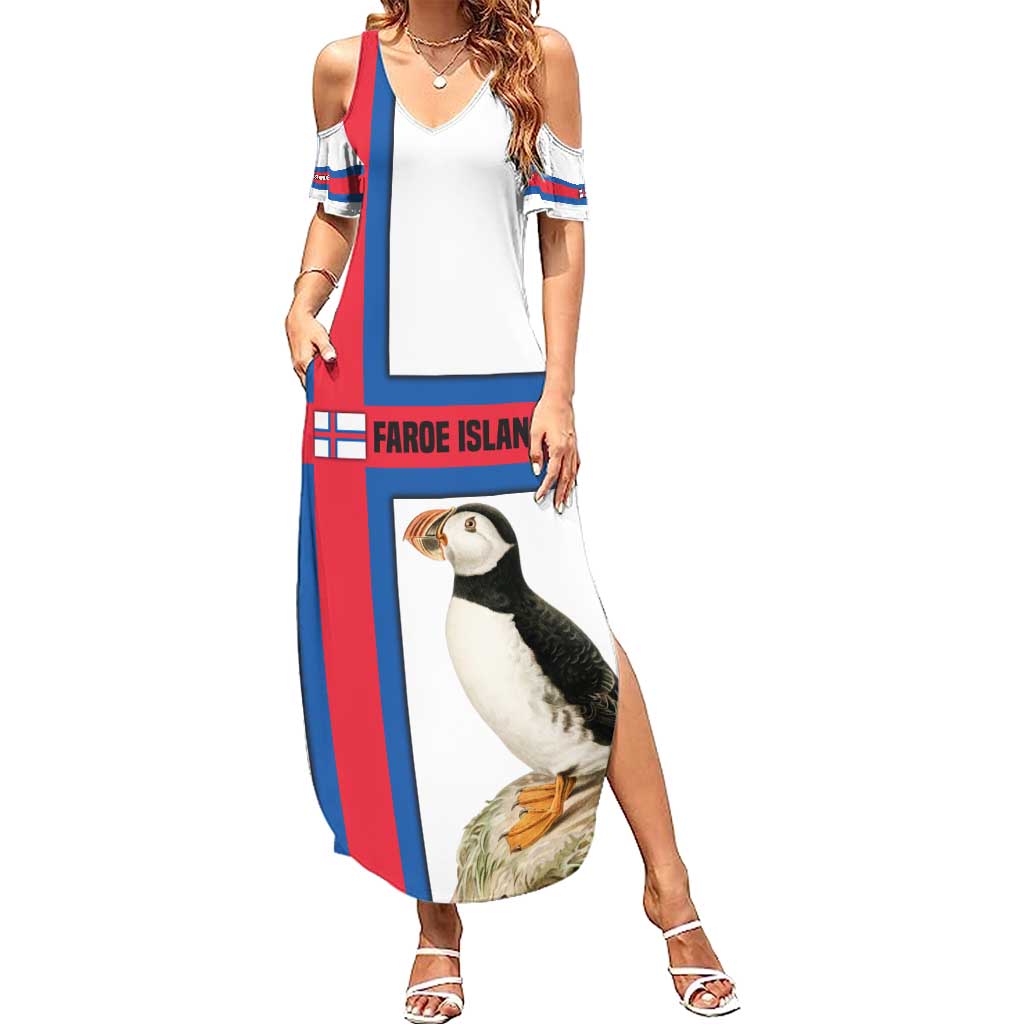Faroe Islands Family Matching Summer Maxi Dress and Hawaiian Shirt with Red Blue Cross Design and Puffin Bird - Wonder Print Shop