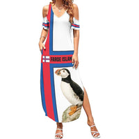 Faroe Islands Family Matching Summer Maxi Dress and Hawaiian Shirt with Red Blue Cross Design and Puffin Bird - Wonder Print Shop