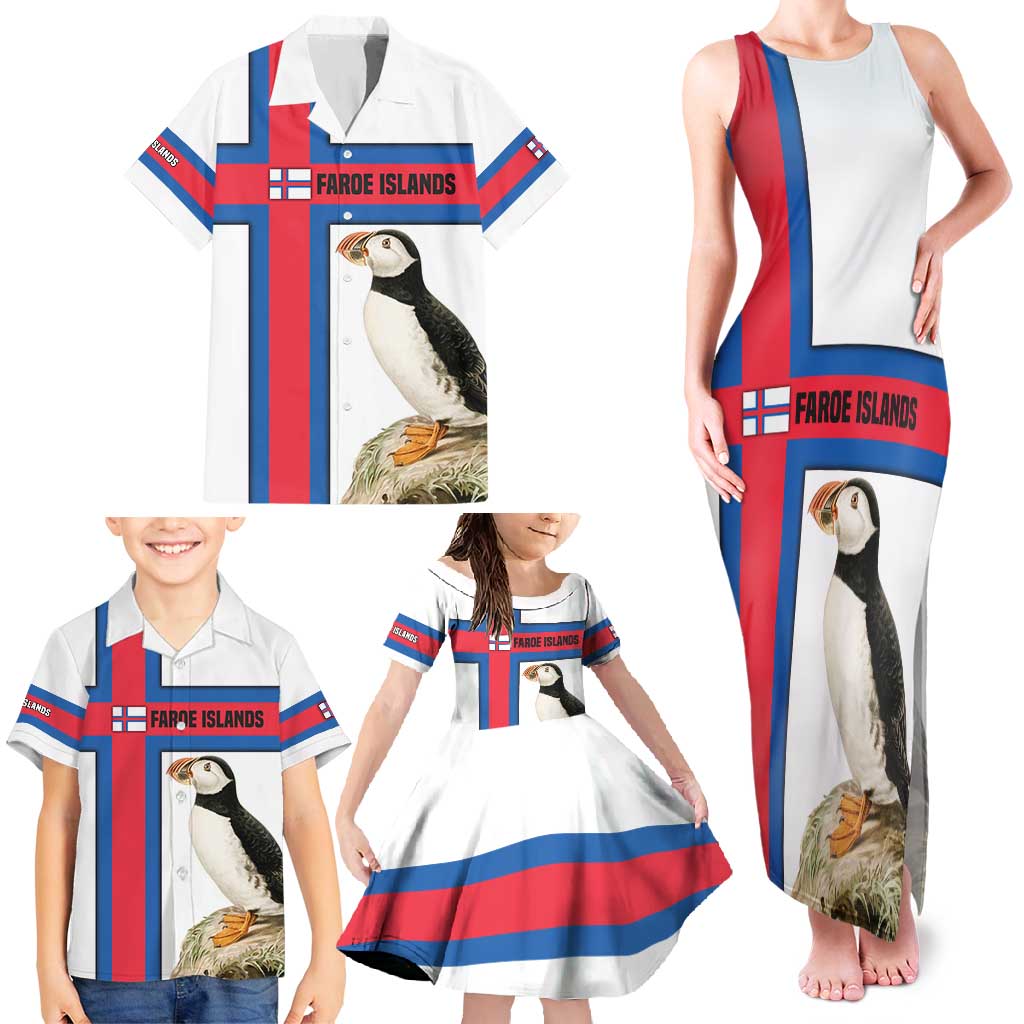 Faroe Islands Family Matching Tank Maxi Dress and Hawaiian Shirt with Red Blue Cross Design and Puffin Bird - Wonder Print Shop