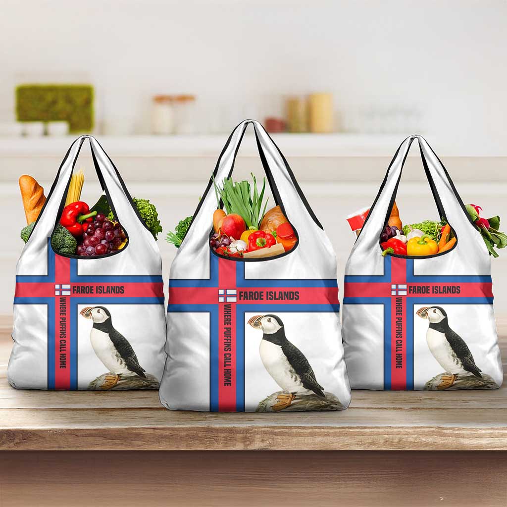 Faroe Islands Grocery Bag with Red Blue Cross Design and Puffin Bird - Wonder Print Shop