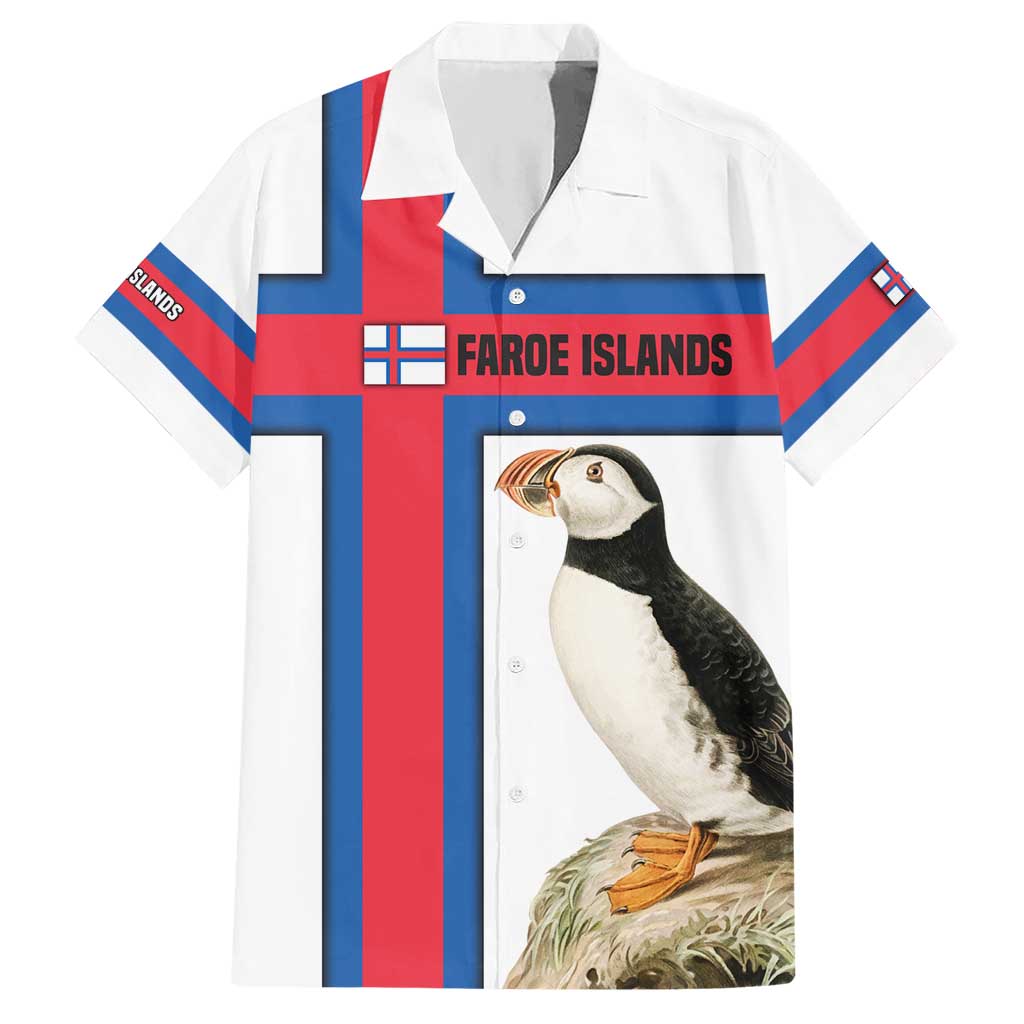 Faroe Islands Hawaiian Shirt with Red Blue Cross Design and Puffin Bird - Wonder Print Shop