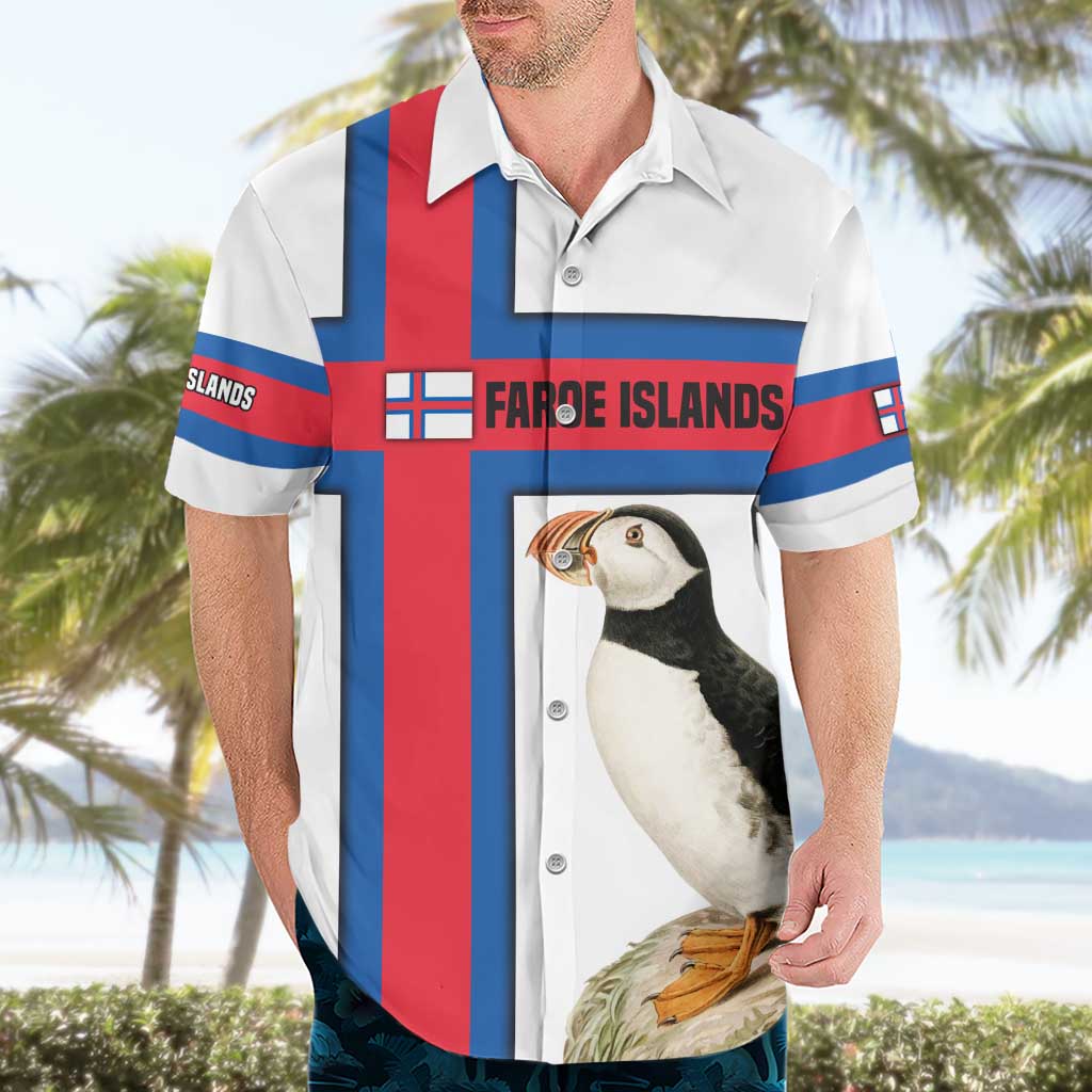 Faroe Islands Hawaiian Shirt with Red Blue Cross Design and Puffin Bird - Wonder Print Shop