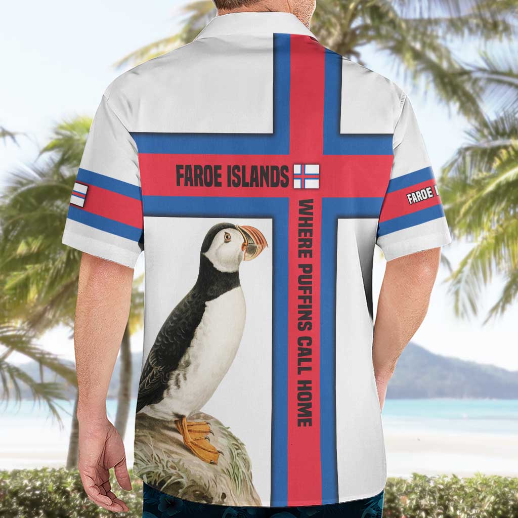 Faroe Islands Hawaiian Shirt with Red Blue Cross Design and Puffin Bird - Wonder Print Shop