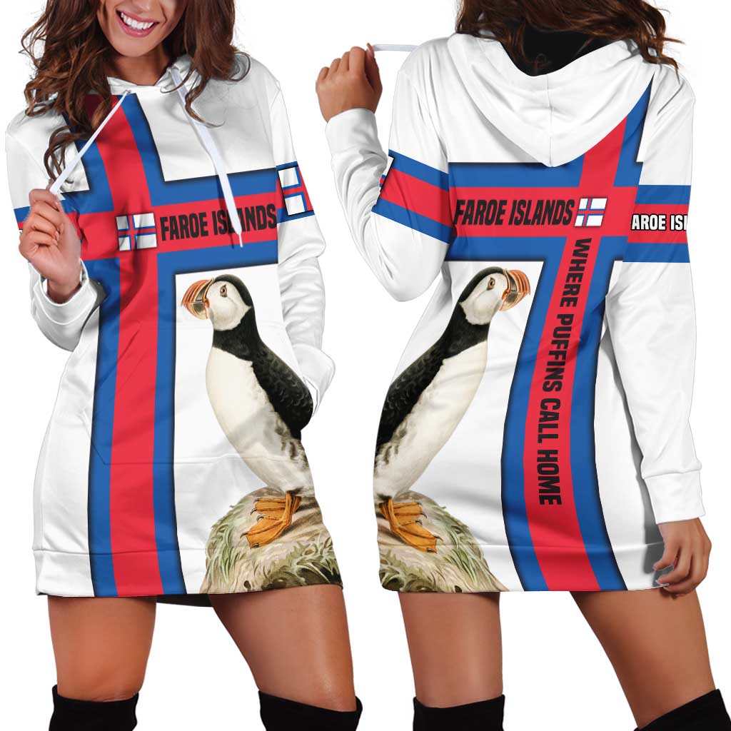 Faroe Islands Hoodie Dress with Red Blue Cross Design and Puffin Bird - Wonder Print Shop