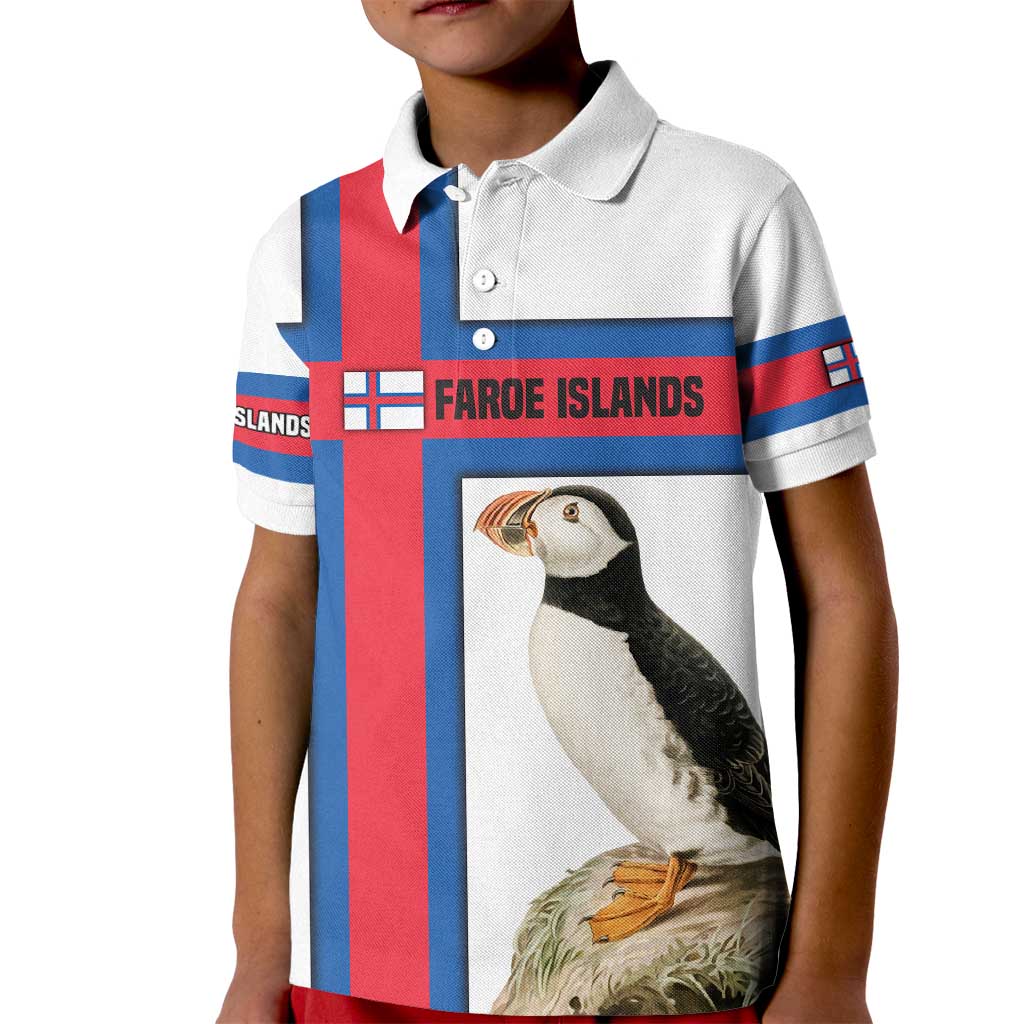 Faroe Islands Kid Polo Shirt with Red Blue Cross Design and Puffin Bird - Wonder Print Shop
