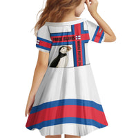 Faroe Islands Kid Short Sleeve Dress with Red Blue Cross Design and Puffin Bird - Wonder Print Shop
