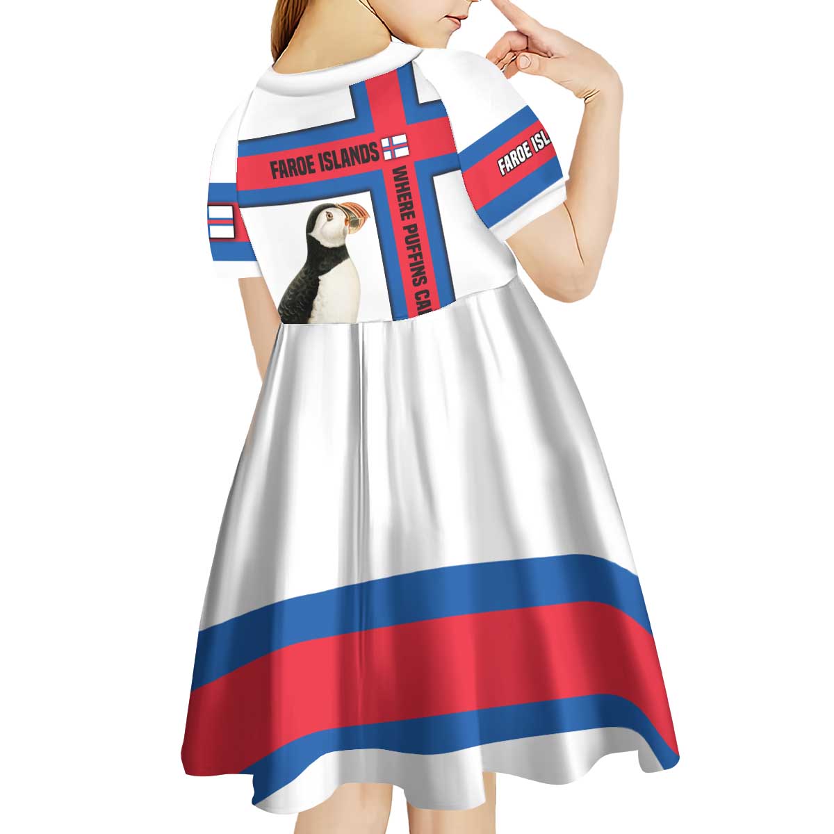 Faroe Islands Kid Short Sleeve Dress with Red Blue Cross Design and Puffin Bird - Wonder Print Shop