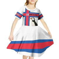 Faroe Islands Kid Short Sleeve Dress with Red Blue Cross Design and Puffin Bird - Wonder Print Shop