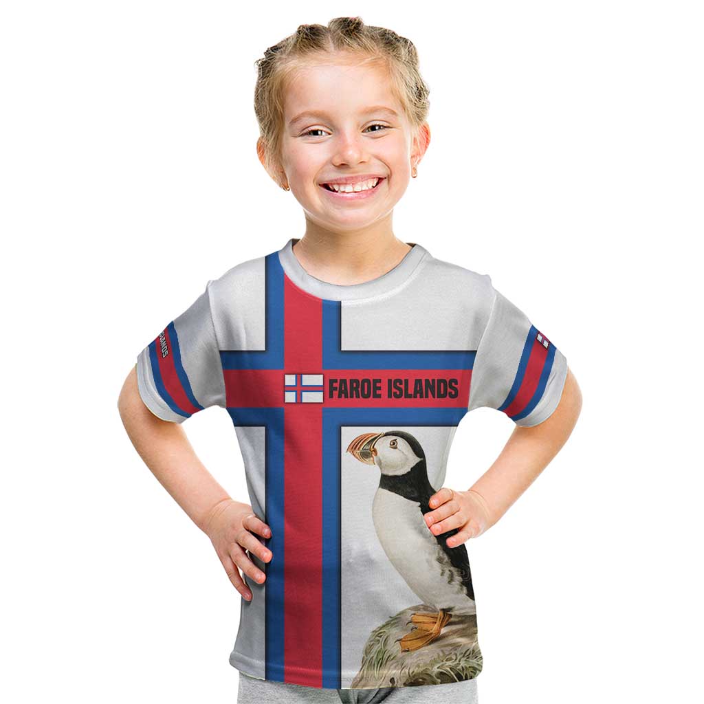 Faroe Islands Kid T Shirt with Red Blue Cross Design and Puffin Bird - Wonder Print Shop
