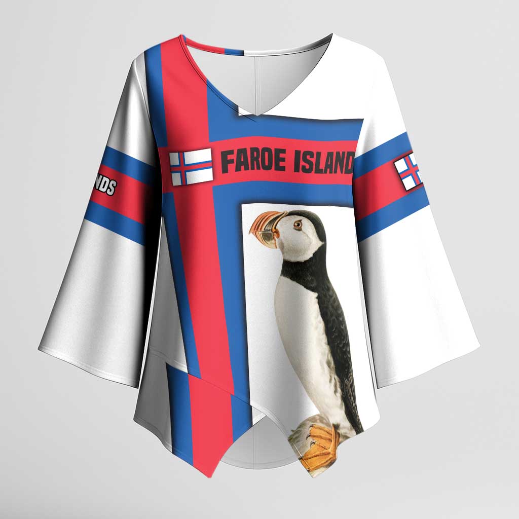 Faroe Islands Kimono Sleeve Blouse with Red Blue Cross Design and Puffin Bird - Wonder Print Shop