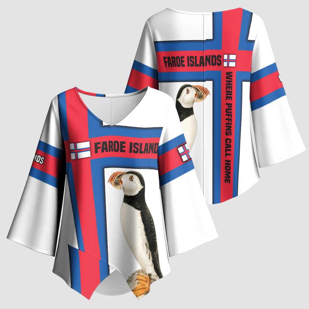Faroe Islands Kimono Sleeve Blouse with Red Blue Cross Design and Puffin Bird - Wonder Print Shop