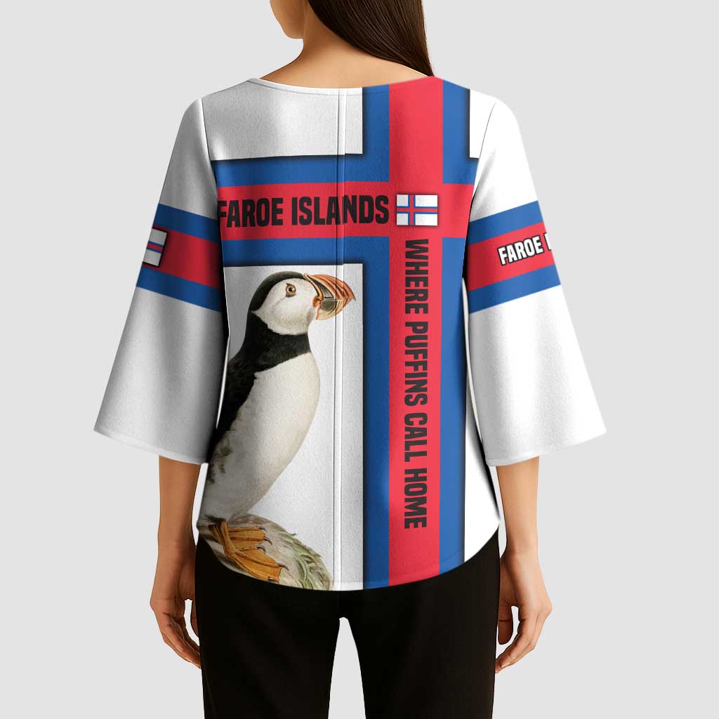 Faroe Islands Kimono Sleeve Blouse with Red Blue Cross Design and Puffin Bird - Wonder Print Shop