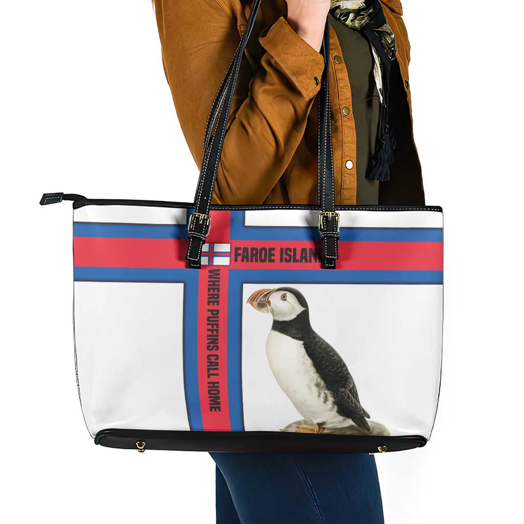 Faroe Islands Leather Tote Bag with Red Blue Cross Design and Puffin Bird - Wonder Print Shop