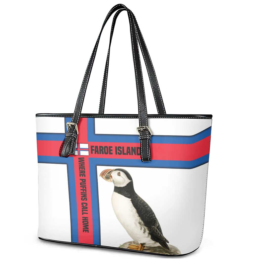 Faroe Islands Leather Tote Bag with Red Blue Cross Design and Puffin Bird - Wonder Print Shop