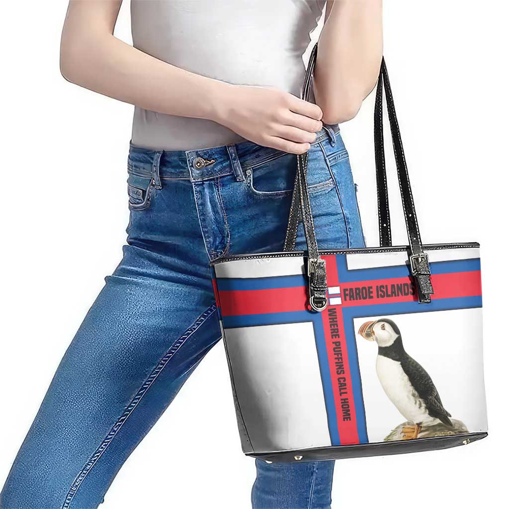 Faroe Islands Leather Tote Bag with Red Blue Cross Design and Puffin Bird - Wonder Print Shop