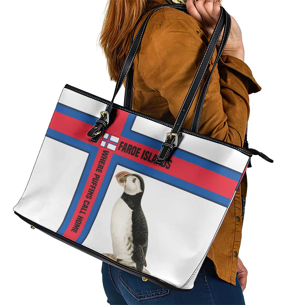 Faroe Islands Leather Tote Bag with Red Blue Cross Design and Puffin Bird - Wonder Print Shop