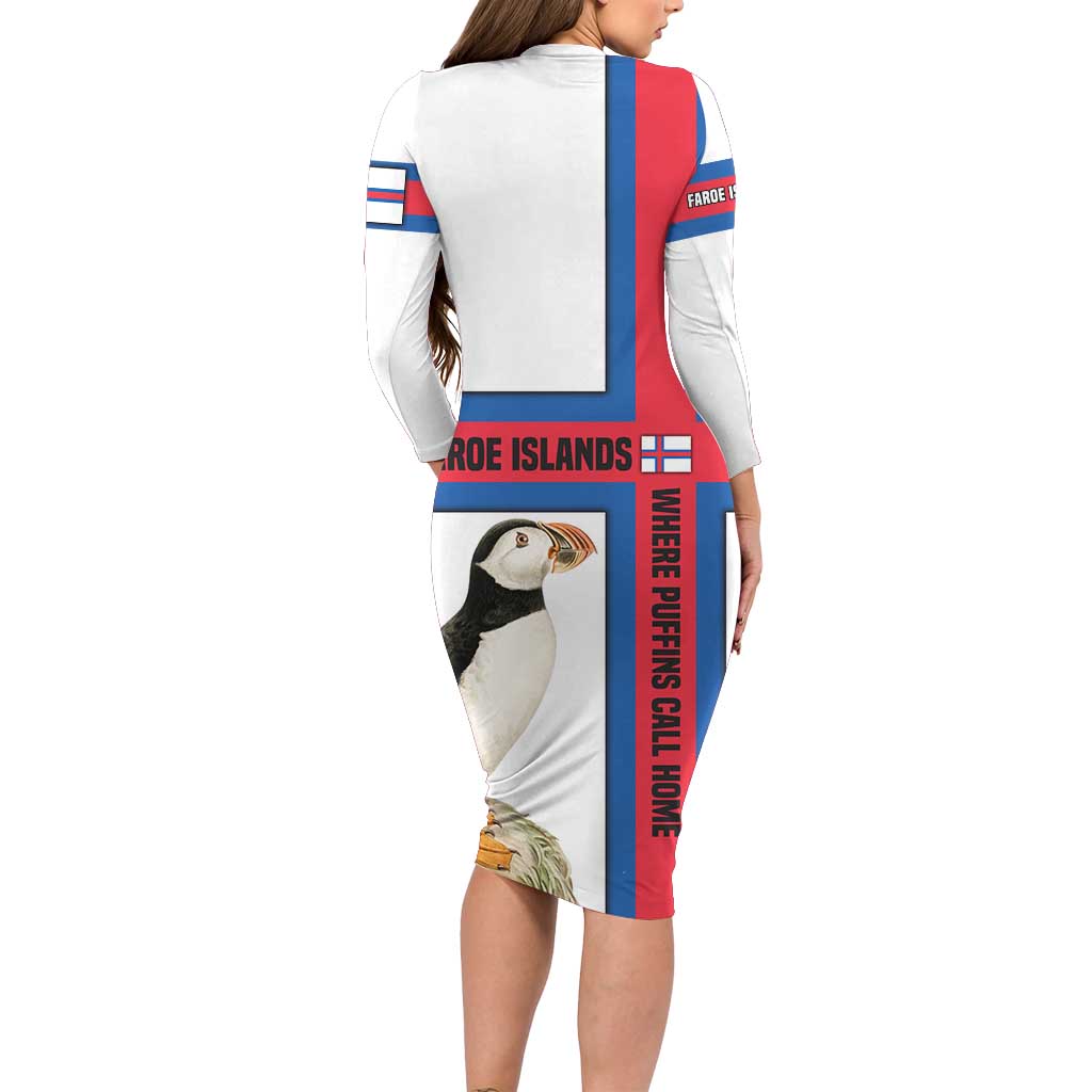 Faroe Islands Long Sleeve Bodycon Dress with Red Blue Cross Design and Puffin Bird - Wonder Print Shop