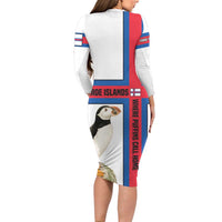 Faroe Islands Long Sleeve Bodycon Dress with Red Blue Cross Design and Puffin Bird - Wonder Print Shop