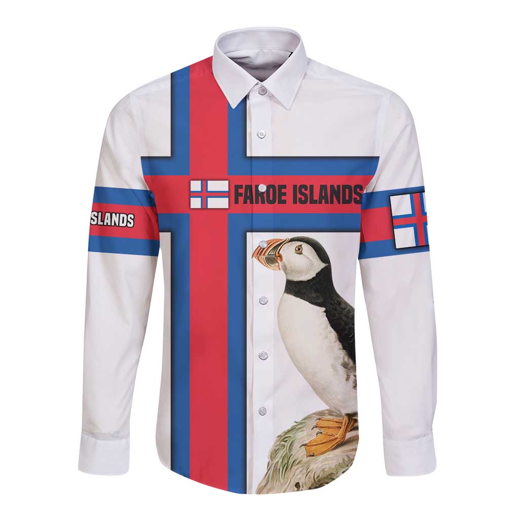 Faroe Islands Long Sleeve Button Shirt with Red Blue Cross Design and Puffin Bird - Wonder Print Shop
