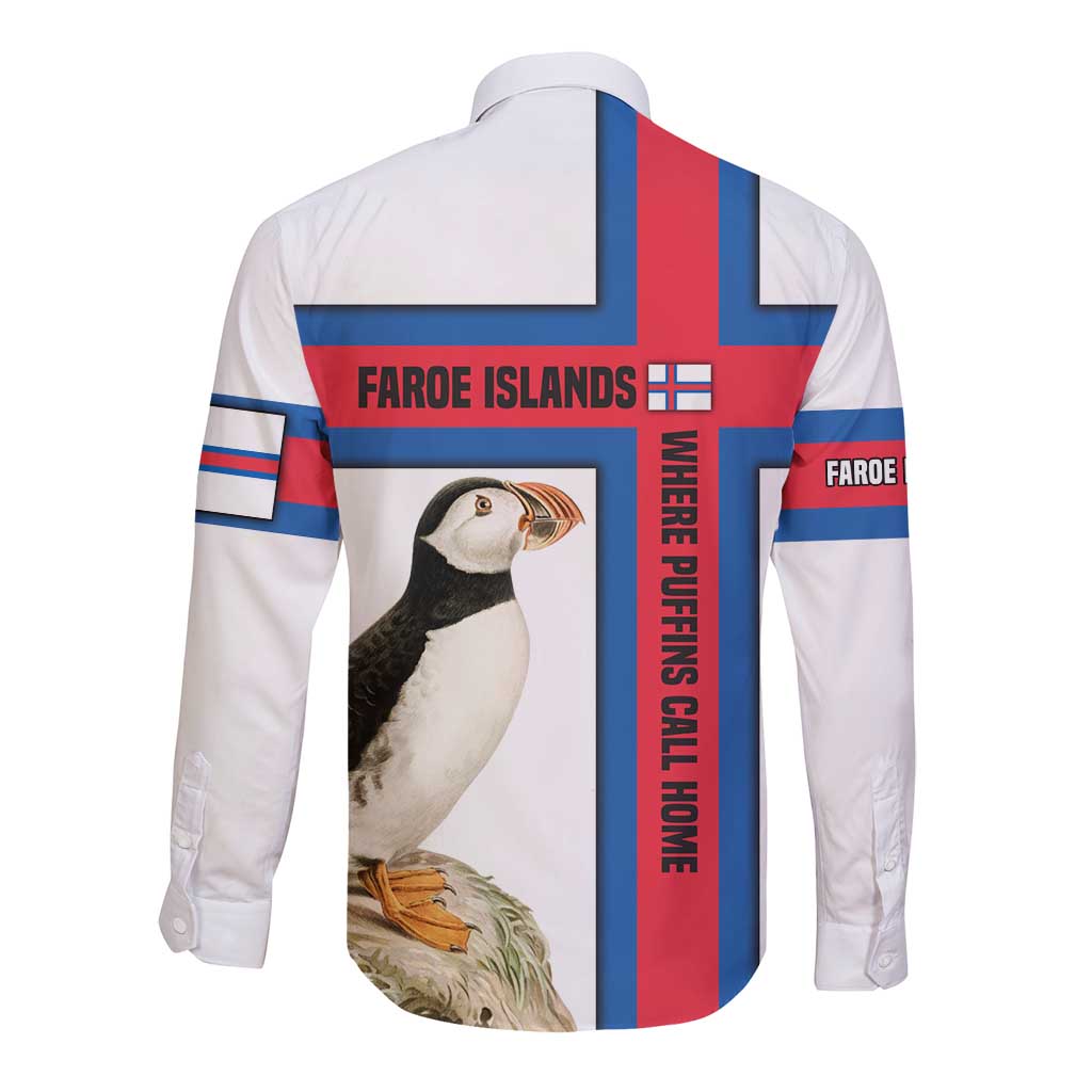 Faroe Islands Long Sleeve Button Shirt with Red Blue Cross Design and Puffin Bird - Wonder Print Shop
