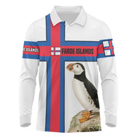 Faroe Islands Long Sleeve Polo Shirt with Red Blue Cross Design and Puffin Bird - Wonder Print Shop