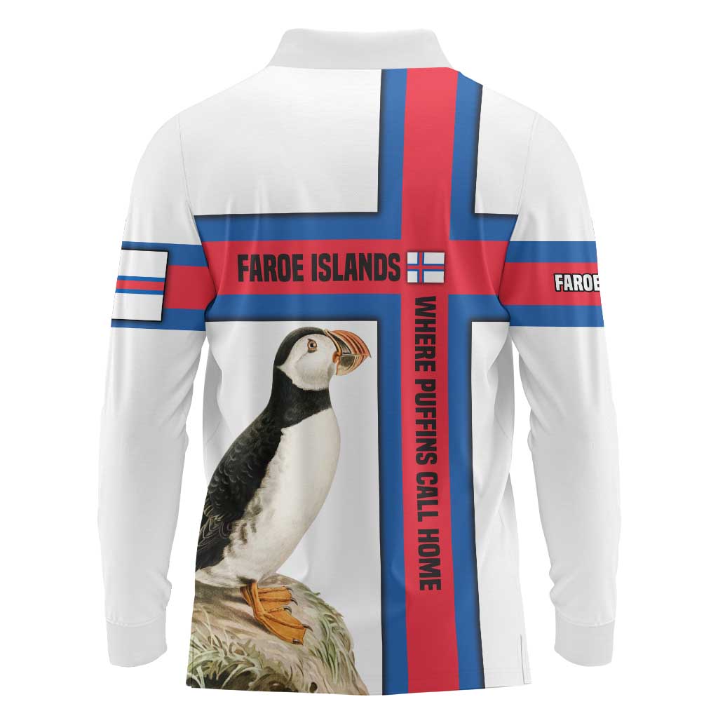 Faroe Islands Long Sleeve Polo Shirt with Red Blue Cross Design and Puffin Bird - Wonder Print Shop