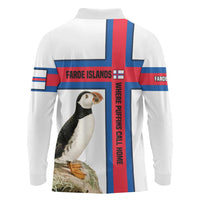 Faroe Islands Long Sleeve Polo Shirt with Red Blue Cross Design and Puffin Bird - Wonder Print Shop