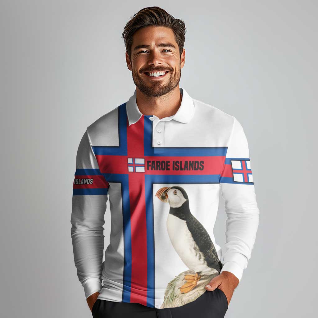 Faroe Islands Long Sleeve Polo Shirt with Red Blue Cross Design and Puffin Bird - Wonder Print Shop