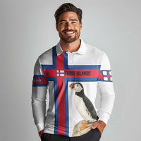 Faroe Islands Long Sleeve Polo Shirt with Red Blue Cross Design and Puffin Bird - Wonder Print Shop