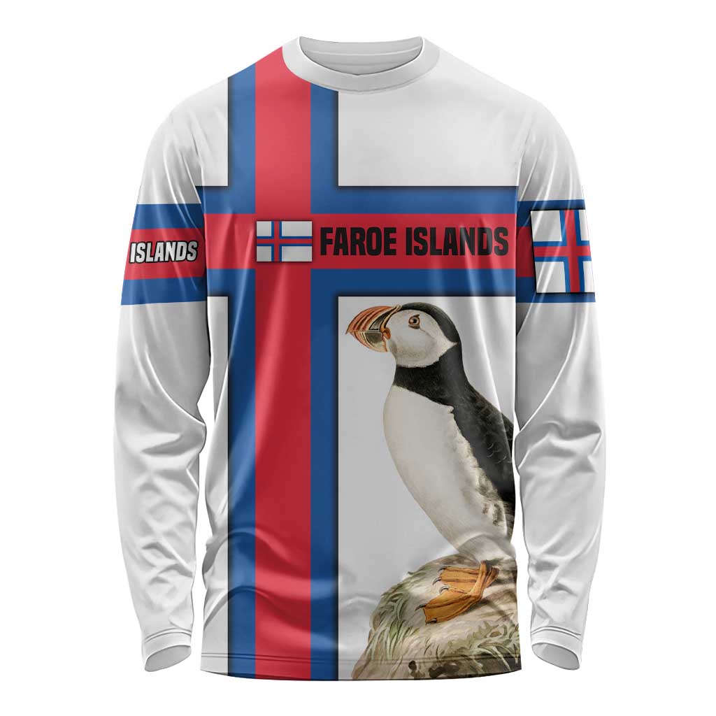 Faroe Islands Long Sleeve Shirt with Red Blue Cross Design and Puffin Bird - Wonder Print Shop