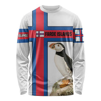 Faroe Islands Long Sleeve Shirt with Red Blue Cross Design and Puffin Bird - Wonder Print Shop