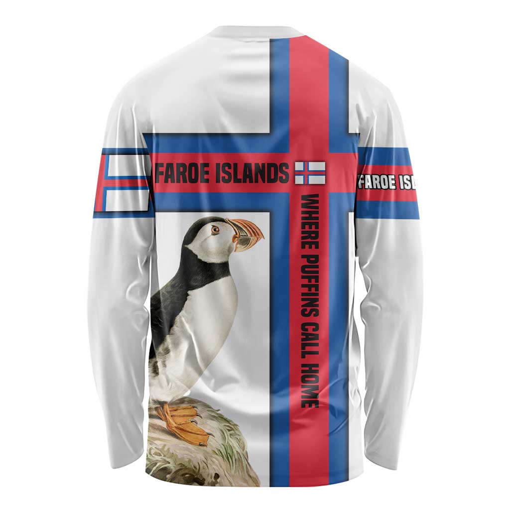 Faroe Islands Long Sleeve Shirt with Red Blue Cross Design and Puffin Bird - Wonder Print Shop