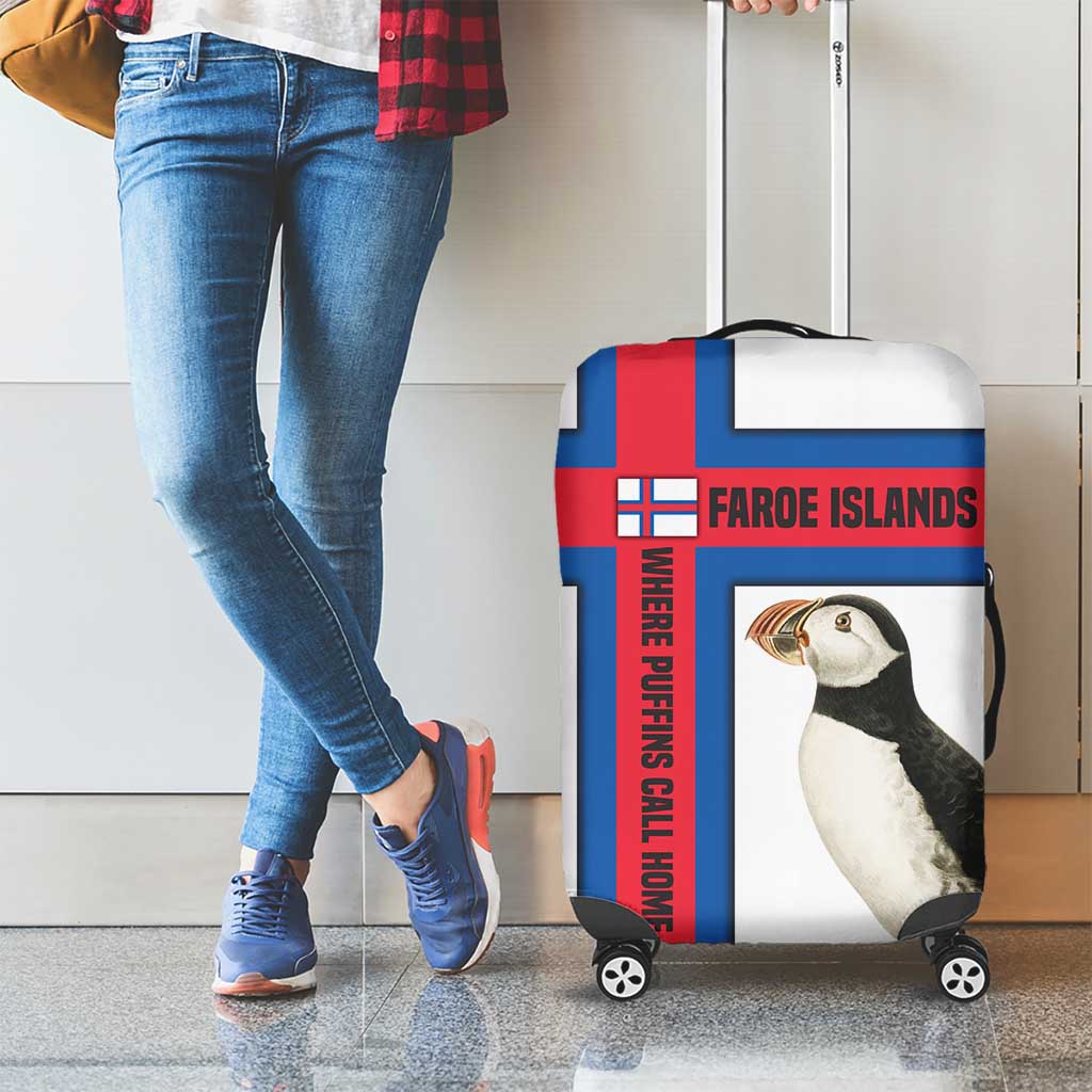 Faroe Islands Luggage Cover with Red Blue Cross Design and Puffin Bird - Wonder Print Shop