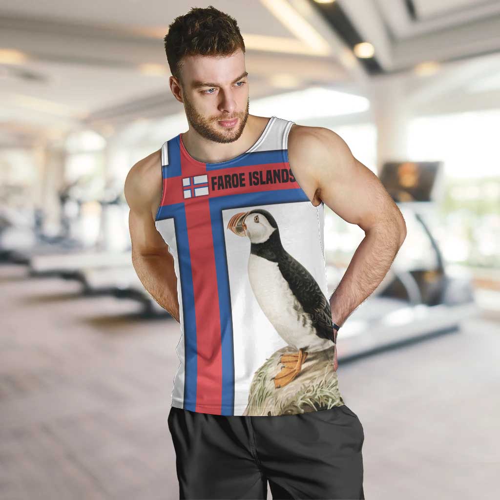 Faroe Islands Men Tank Top with Red Blue Cross Design and Puffin Bird - Wonder Print Shop