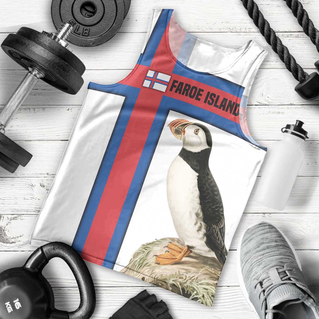 Faroe Islands Men Tank Top with Red Blue Cross Design and Puffin Bird - Wonder Print Shop