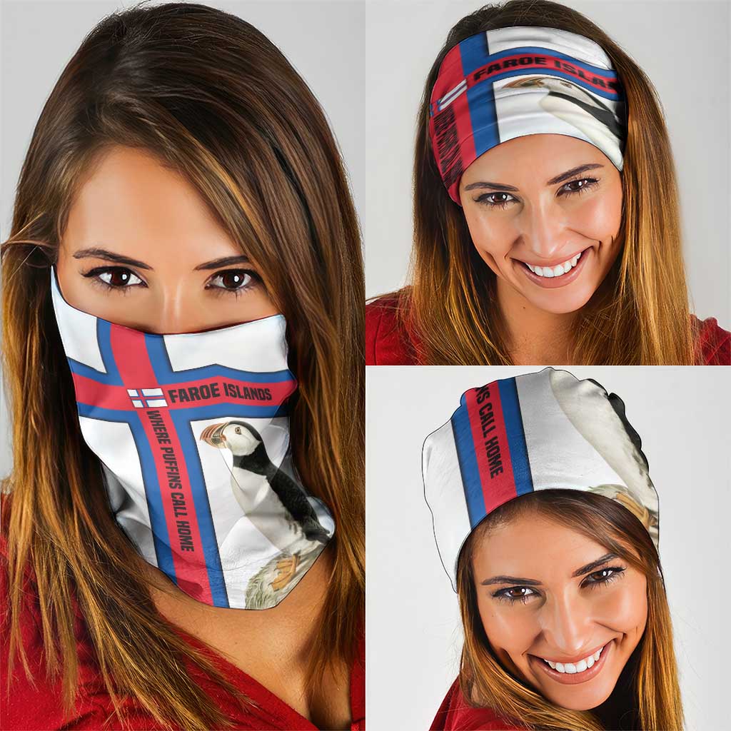Faroe Islands Neck Gaiter with Red Blue Cross Design and Puffin Bird - Wonder Print Shop