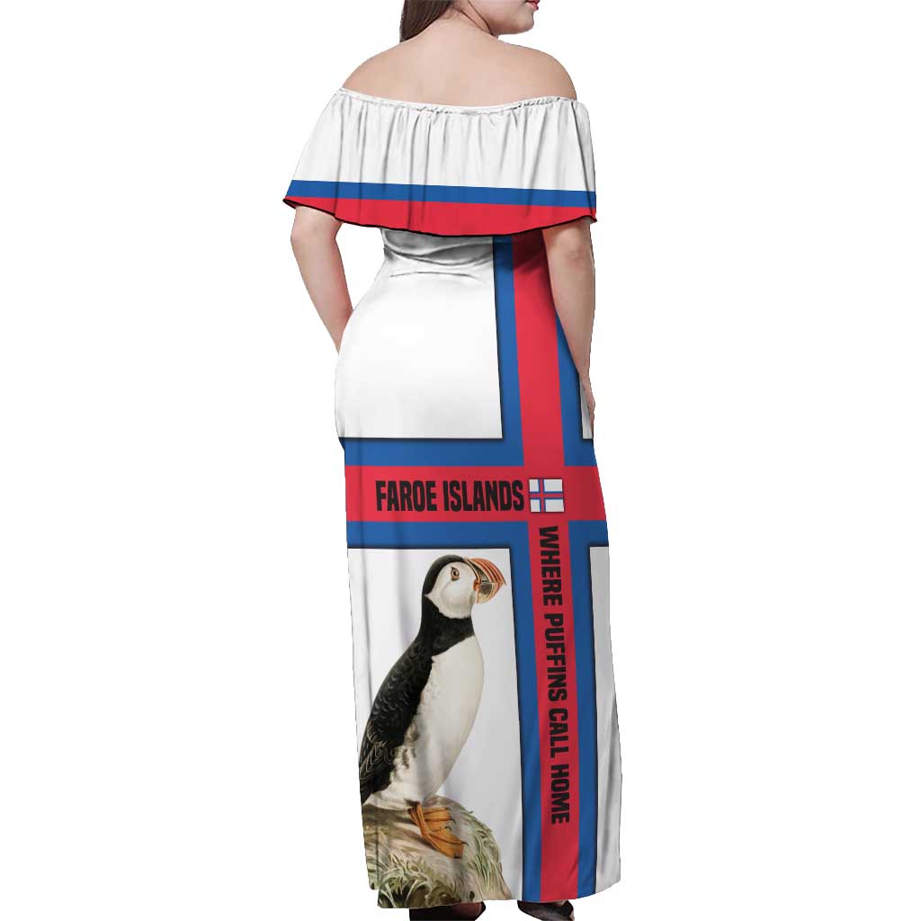 Faroe Islands Off Shoulder Maxi Dress with Red Blue Cross Design and Puffin Bird - Wonder Print Shop