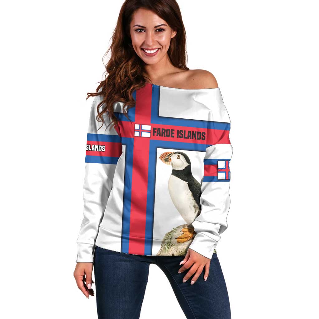 Faroe Islands Off Shoulder Sweater with Red Blue Cross Design and Puffin Bird - Wonder Print Shop