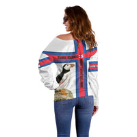 Faroe Islands Off Shoulder Sweater with Red Blue Cross Design and Puffin Bird - Wonder Print Shop