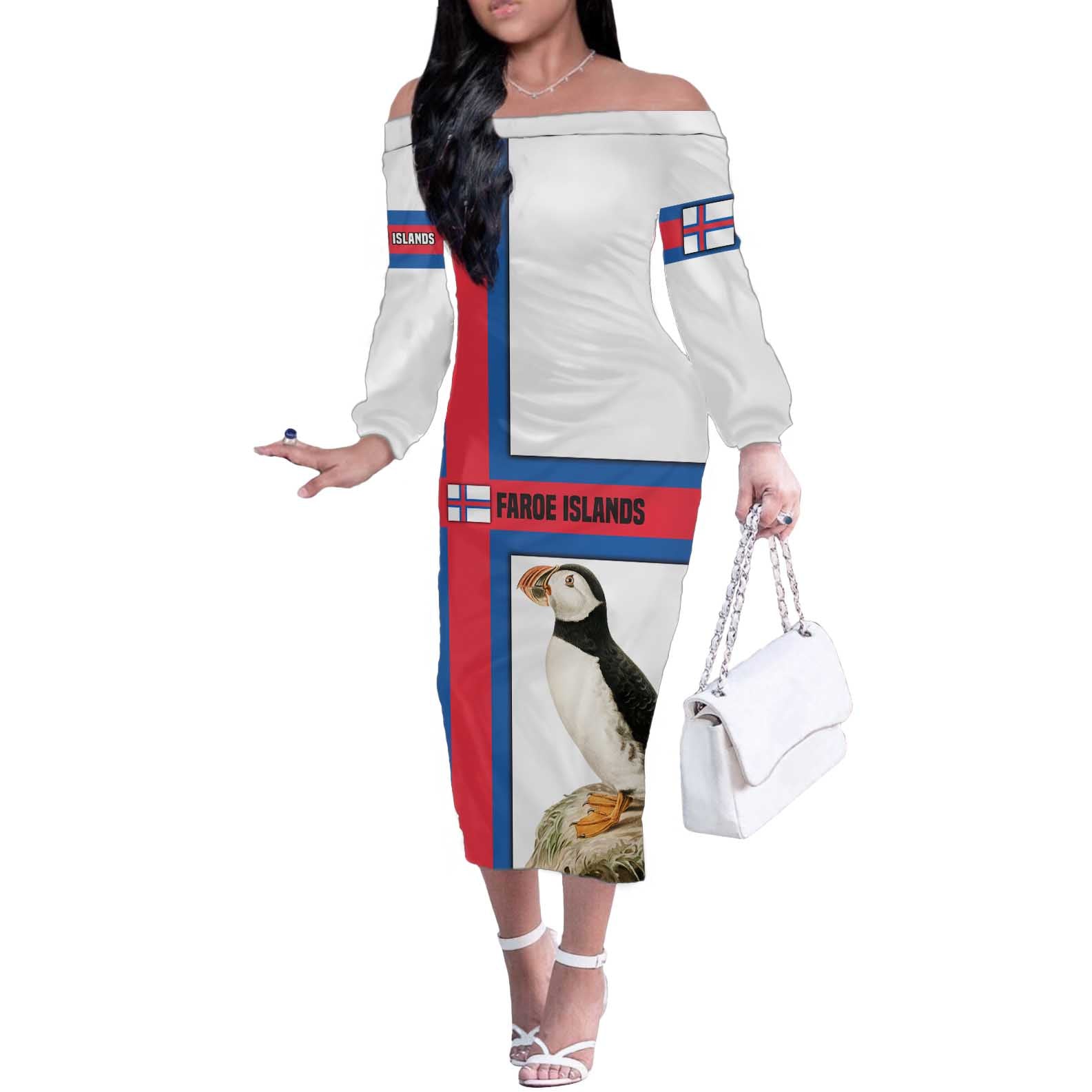 Faroe Islands Off The Shoulder Long Sleeve Dress with Red Blue Cross Design and Puffin Bird - Wonder Print Shop