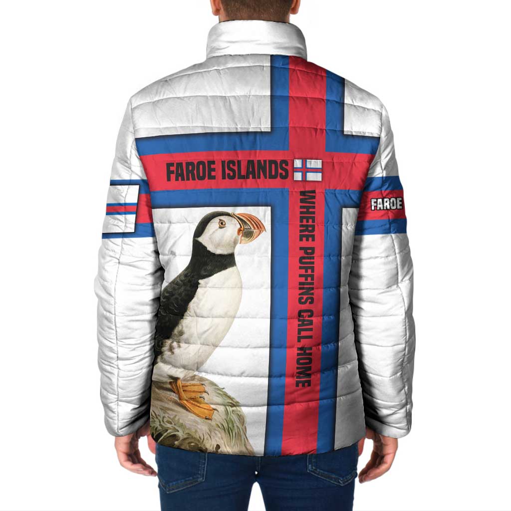 Faroe Islands Padded Jacket with Red Blue Cross Design and Puffin Bird - Wonder Print Shop
