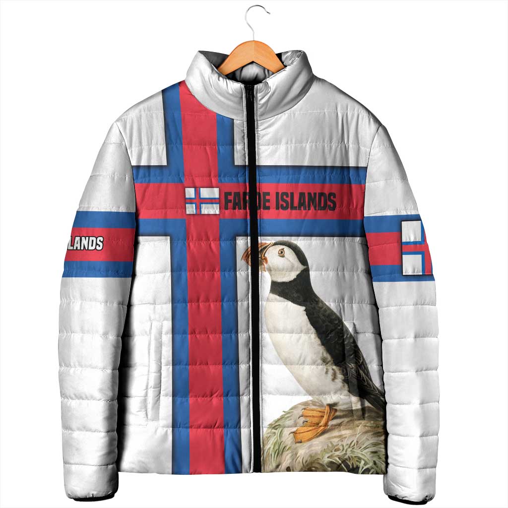 Faroe Islands Padded Jacket with Red Blue Cross Design and Puffin Bird - Wonder Print Shop