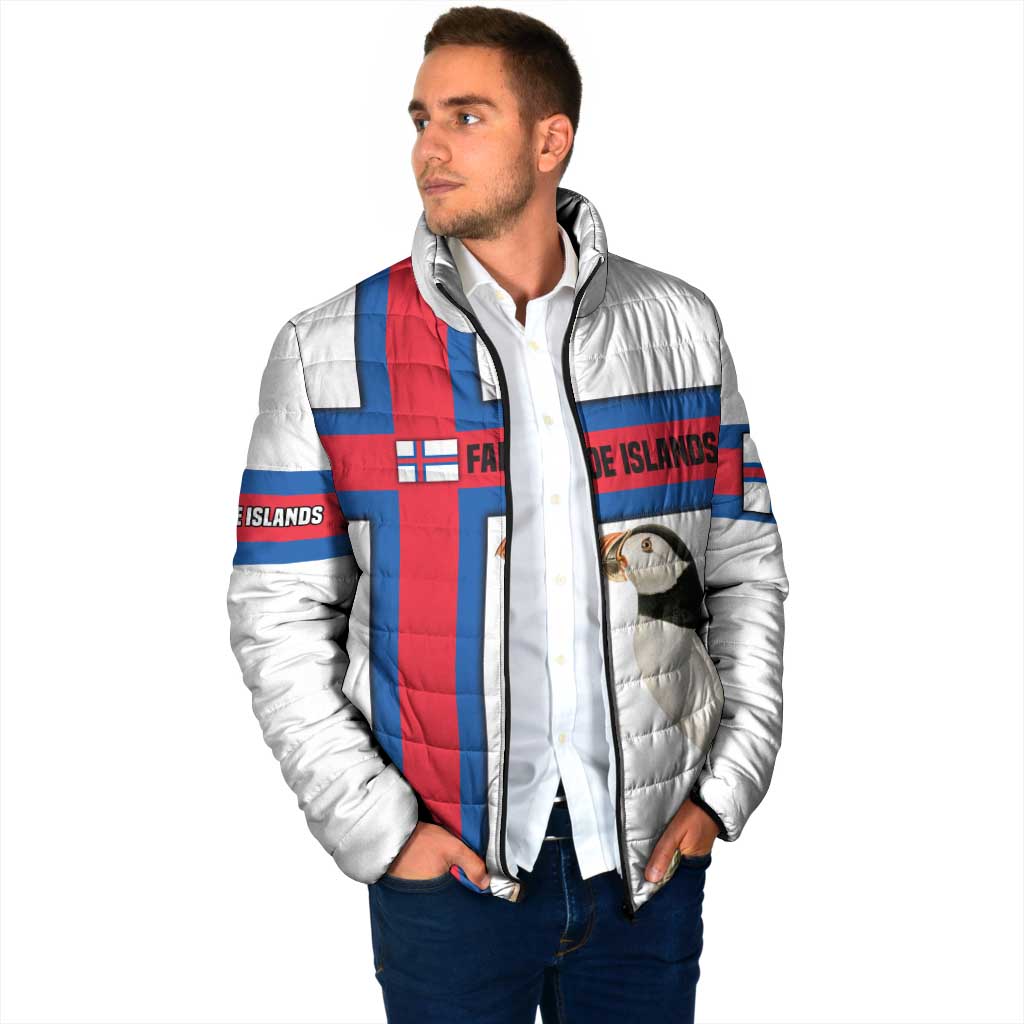 Faroe Islands Padded Jacket with Red Blue Cross Design and Puffin Bird - Wonder Print Shop
