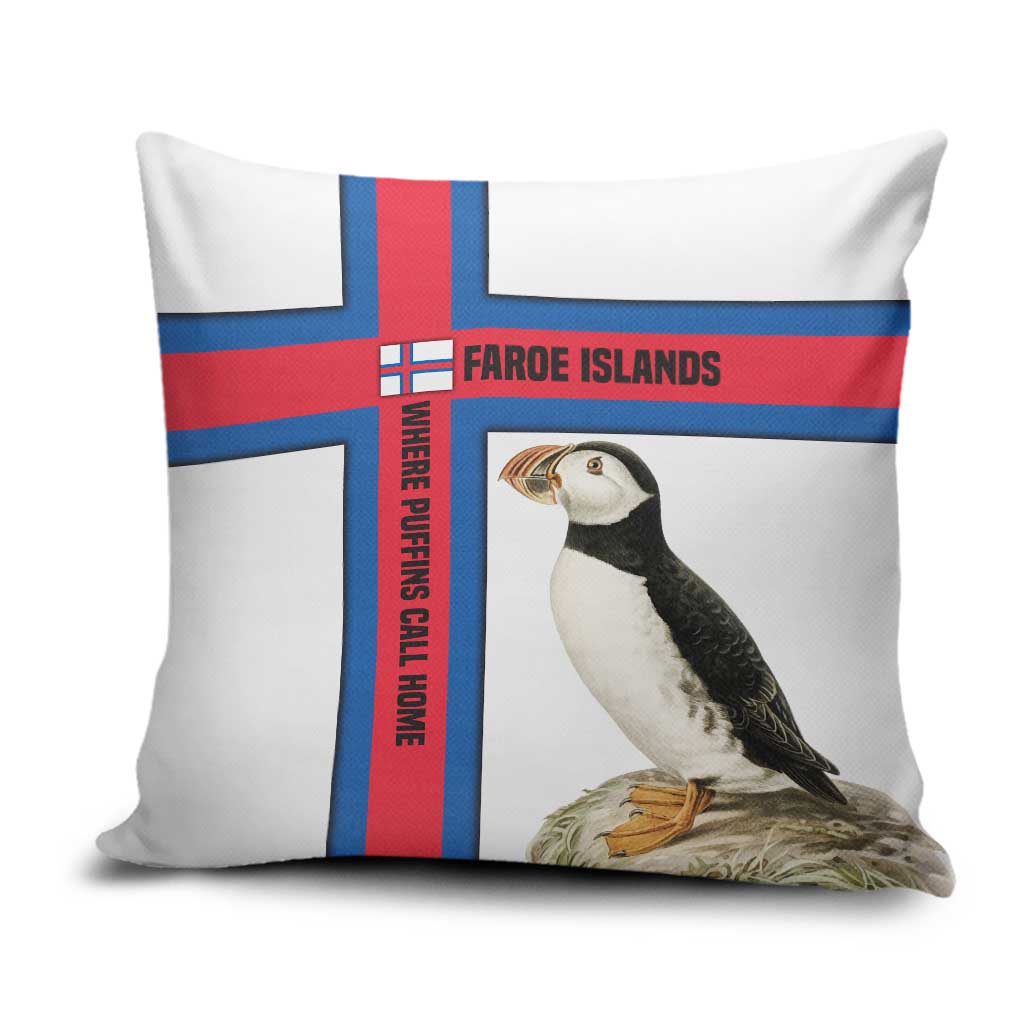 Faroe Islands Pillow Cover with Red Blue Cross Design and Puffin Bird - Wonder Print Shop