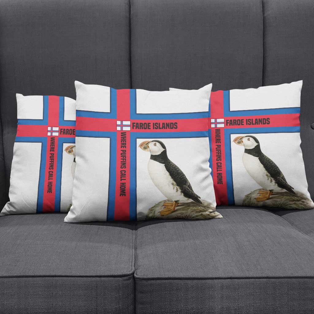 Faroe Islands Pillow Cover with Red Blue Cross Design and Puffin Bird - Wonder Print Shop